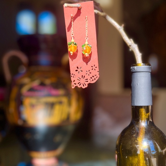 Pumpkin Fall Halloween Whimsical Orange Gold Chain Dangling Glass Earrings - Picture 6 of 14